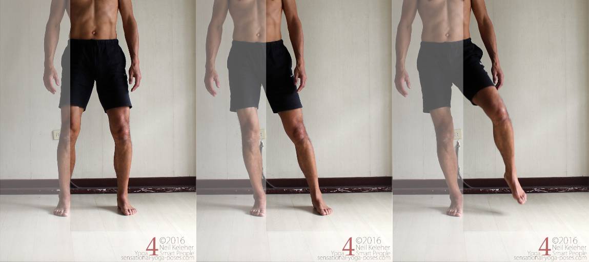 Lateral standing weight shift shifting weight from both feet to one foot. Start with weight on both feet. Shift body to one side so that other foot becomes relaxed. Lift other foot, ideally without further movement of your body.