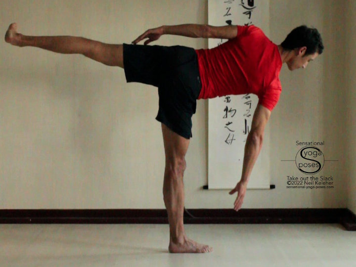 Feeling your center of gravity In side balance pose (half moon with the hand lifted), you can use your foot to feel your center of gravity and control it.
