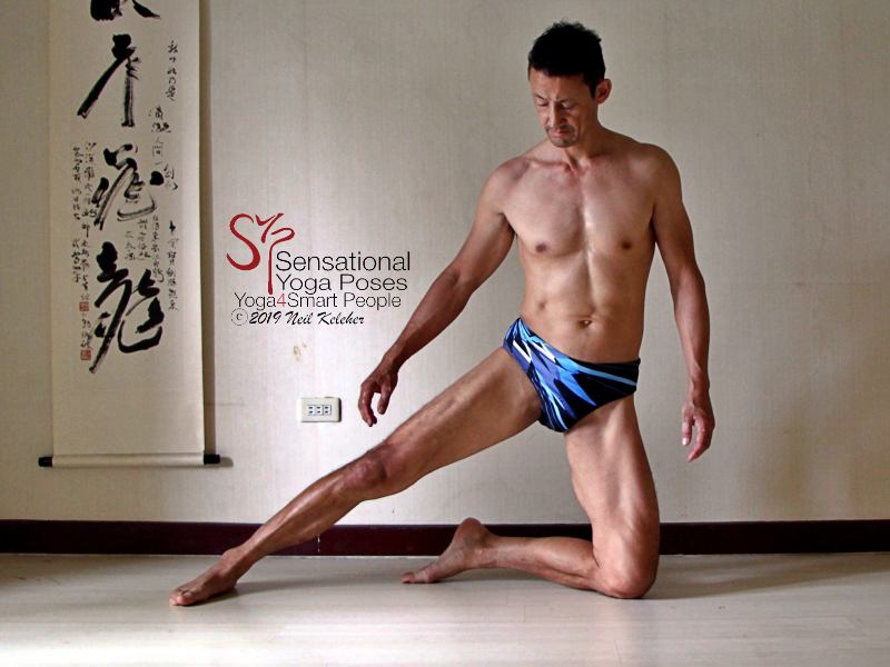 Half split prep with quads and long hip muscles engaged. Neil Keleher, Sensational Yoga Poses.