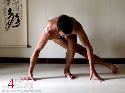 Standing Cross Leg Lateral Lunge 1D Cross leg lunge to stretch outer hip and lateral glute of straight leg, Neil Keleher, Sensational Yoga Poses.